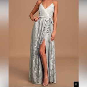 Lulus Lovely in Lace Dusty Blue Lace Sleeveless Wrap Maxi Dress